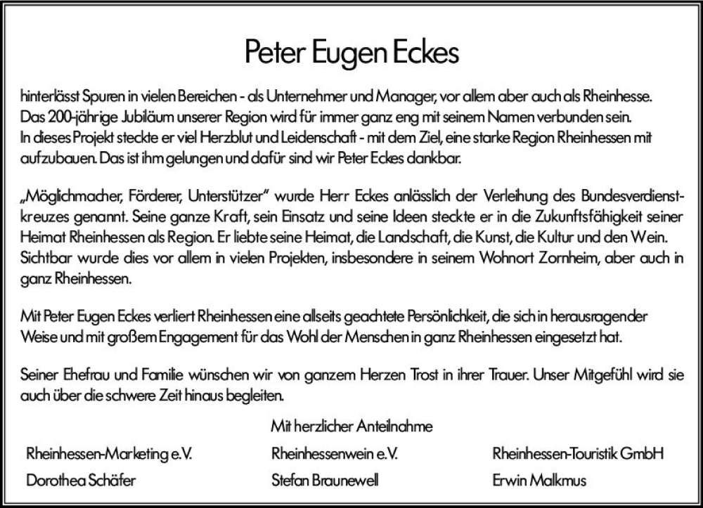  Traueranzeige für Peter Eugen Eckes vom 29.04.2023 aus Allgemeine Zeitung Bad Kreuznach