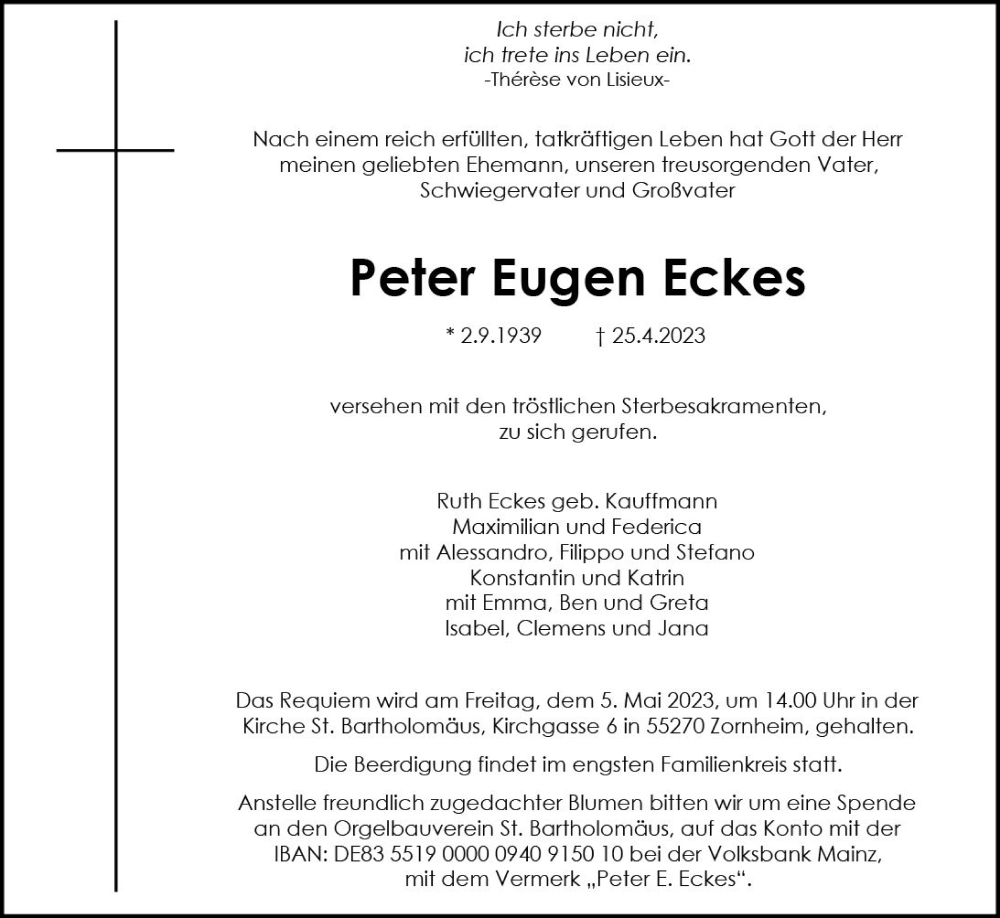  Traueranzeige für Peter Eugen Eckes vom 29.04.2023 aus Allgemeine Zeitung Bad Kreuznach