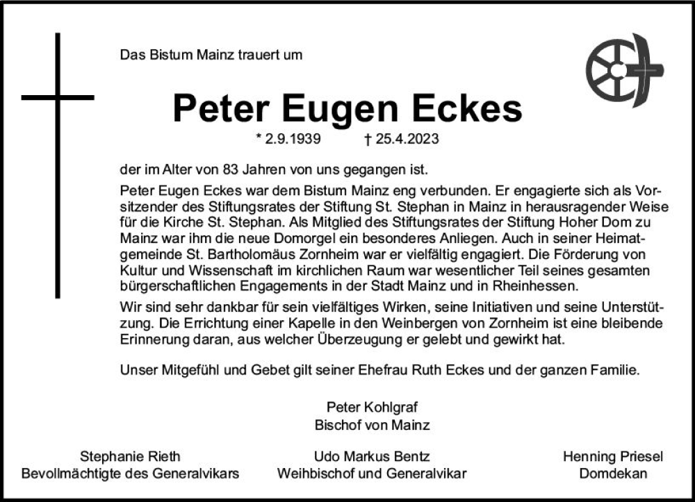  Traueranzeige für Peter Eugen Eckes vom 29.04.2023 aus Allgemeine Zeitung Mainz
