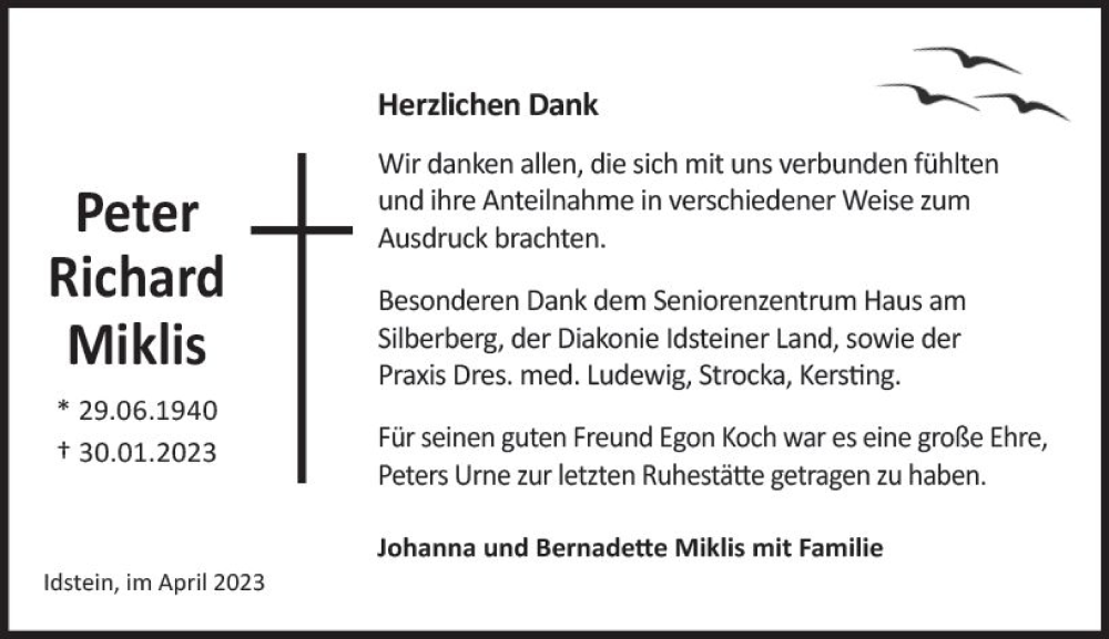  Traueranzeige für Peter Richard Miklis vom 22.04.2023 aus Idsteiner Land/Untertaunus