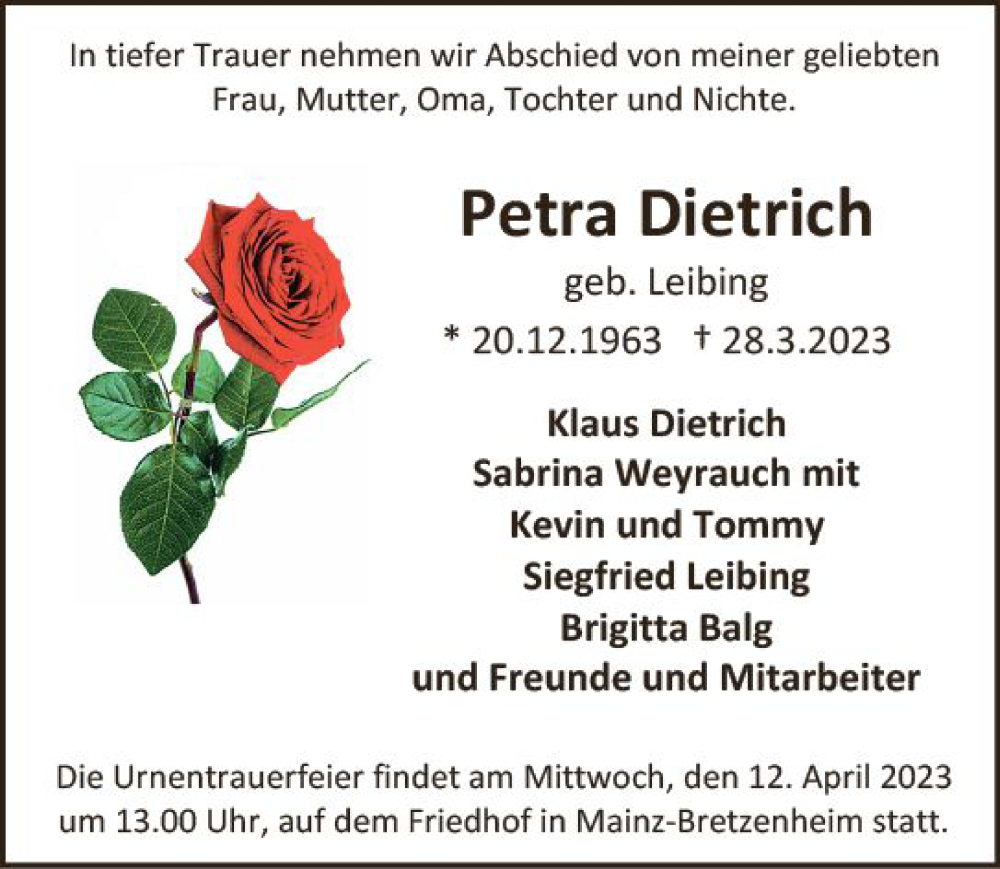  Traueranzeige für Petra Dietrich vom 08.04.2023 aus Allgemeine Zeitung Mainz