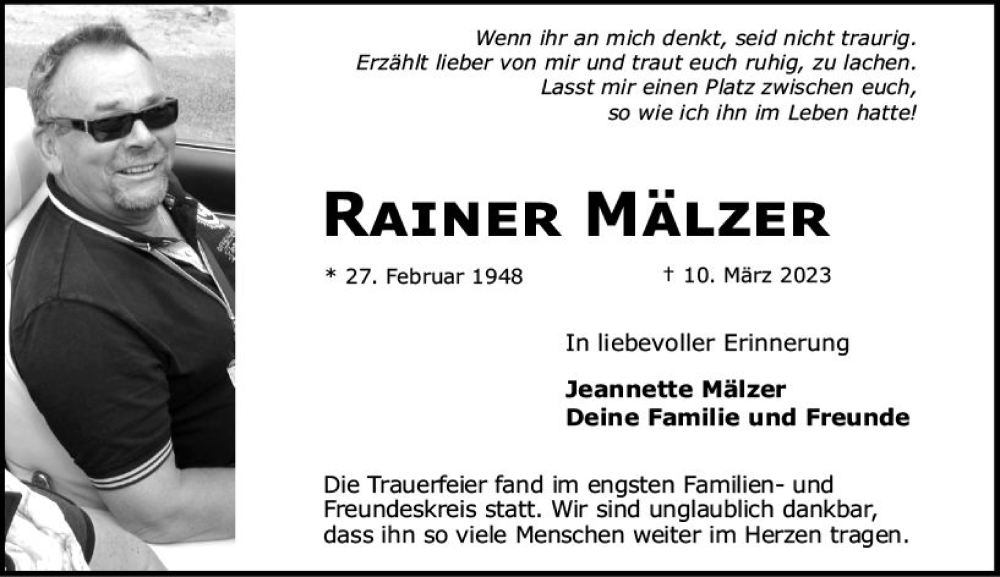  Traueranzeige für Rainer Mälzer vom 22.04.2023 aus Darmstädter Echo