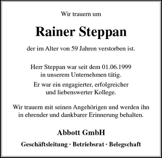 Traueranzeige von Rainer Steppan von Wiesbadener Kurier