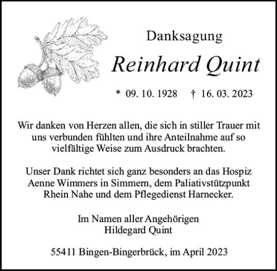 Traueranzeige von Reinhard Quint von Allgemeine Zeitung Bingen/Ingelheim