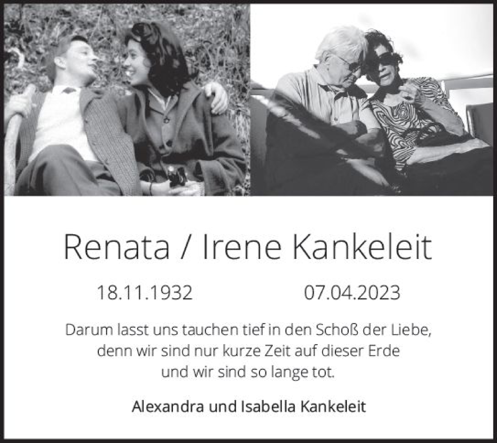  Traueranzeige für Renata und Egbert Kankeleit vom 15.04.2023 aus Darmstädter Echo