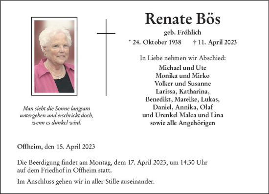 Traueranzeige von Renate Bös von Nassauische Neue Presse