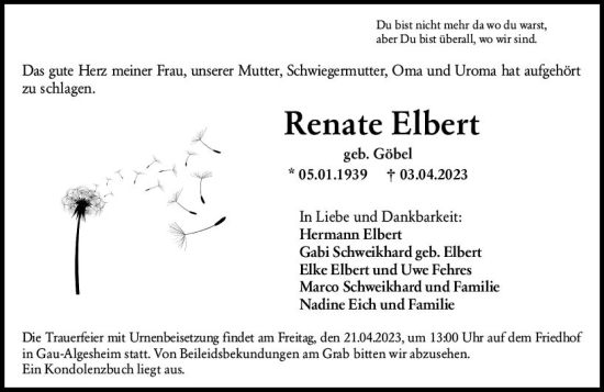 Traueranzeige von Renate Elbert von Allgemeine Zeitung Bingen/Ingelheim