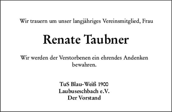 Traueranzeige von Renate Taubner von Weilburger Tageblatt