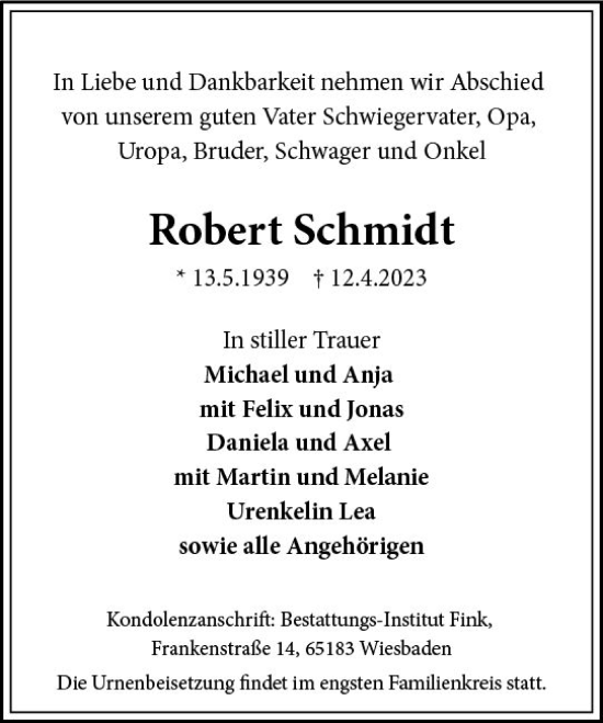 Traueranzeige von Robert Schmidt von Wiesbadener Kurier