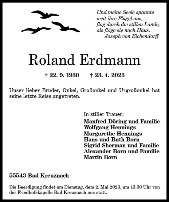 Traueranzeige von Roland Erdmann von Allgemeine Zeitung Bad Kreuznach
