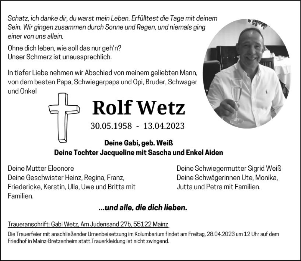  Traueranzeige für Rolf Wetz vom 22.04.2023 aus Allgemeine Zeitung Mainz