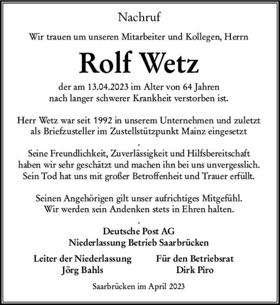  Traueranzeige für Rolf Wetz vom 22.04.2023 aus Allgemeine Zeitung Mainz