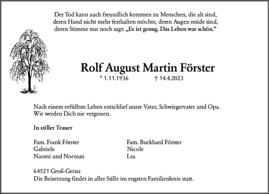 Traueranzeige von Rolf August Martin Förster von Groß-Gerauer Echo