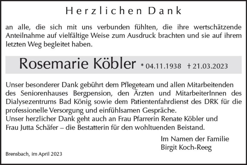  Traueranzeige für Rosemarie Köbler vom 22.04.2023 aus Odenwälder Echo