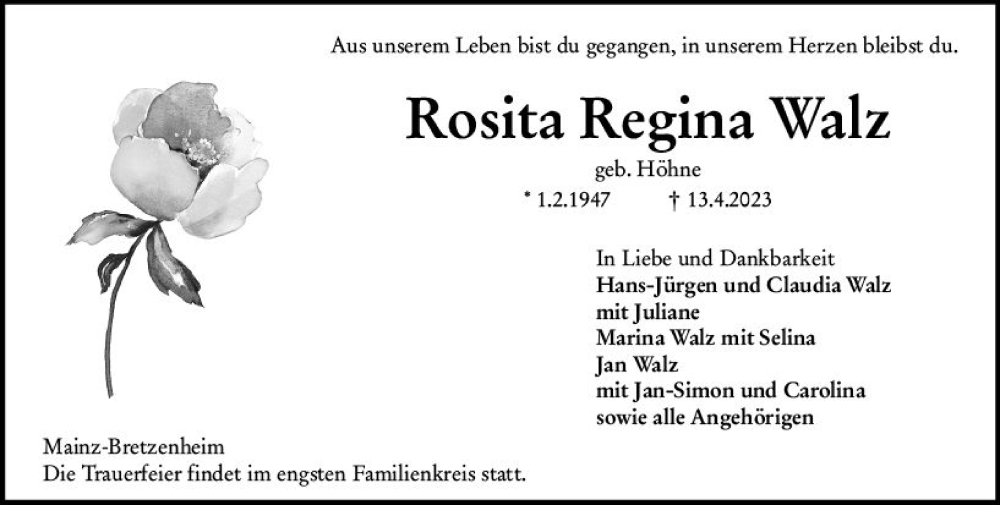  Traueranzeige für Rosita Regina Walz vom 22.04.2023 aus Allgemeine Zeitung Mainz