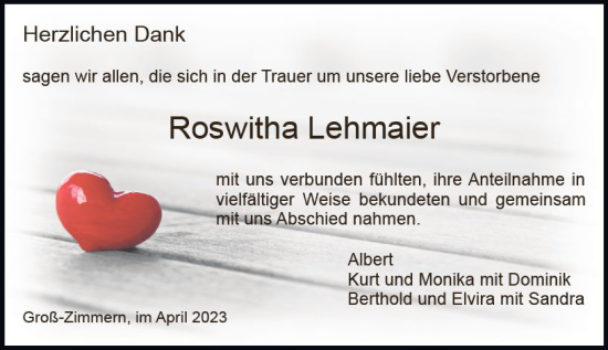 Traueranzeige von Roswitha Lehmaier von Dieburger Anzeiger/Groß-Zimmerner Lokal-Anzeiger