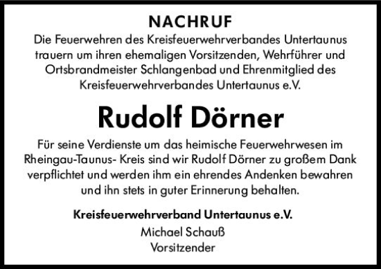Traueranzeige von Rudolf Dörner von Idsteiner Land/Untertaunus