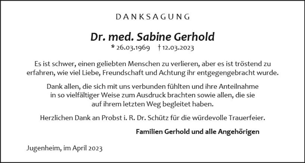  Traueranzeige für Sabine Gerhold vom 22.04.2023 aus Rüsselsheimer Echo