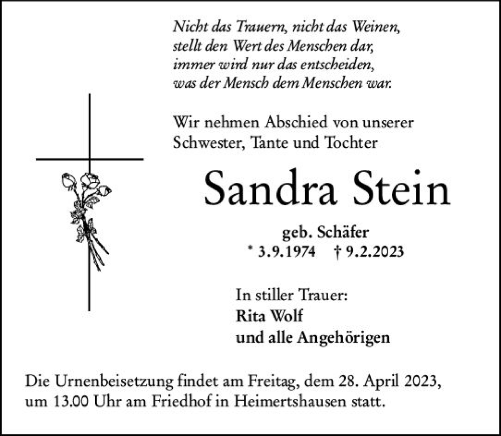  Traueranzeige für Sandra Stein vom 25.04.2023 aus VRM Trauer