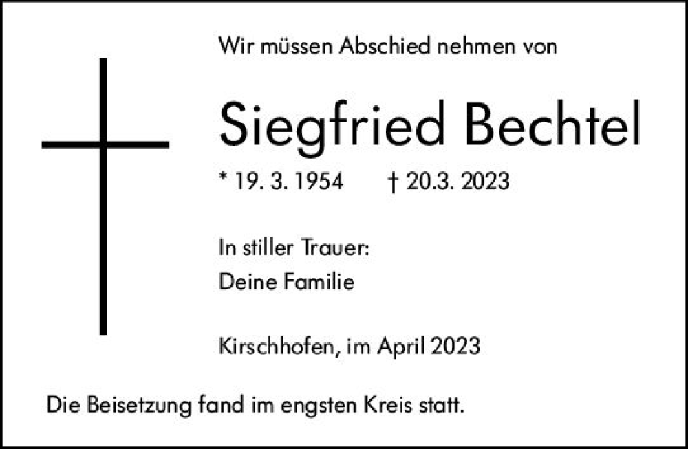 Traueranzeige für Siegfried Bechtel vom 08.04.2023 aus Weilburger Tageblatt