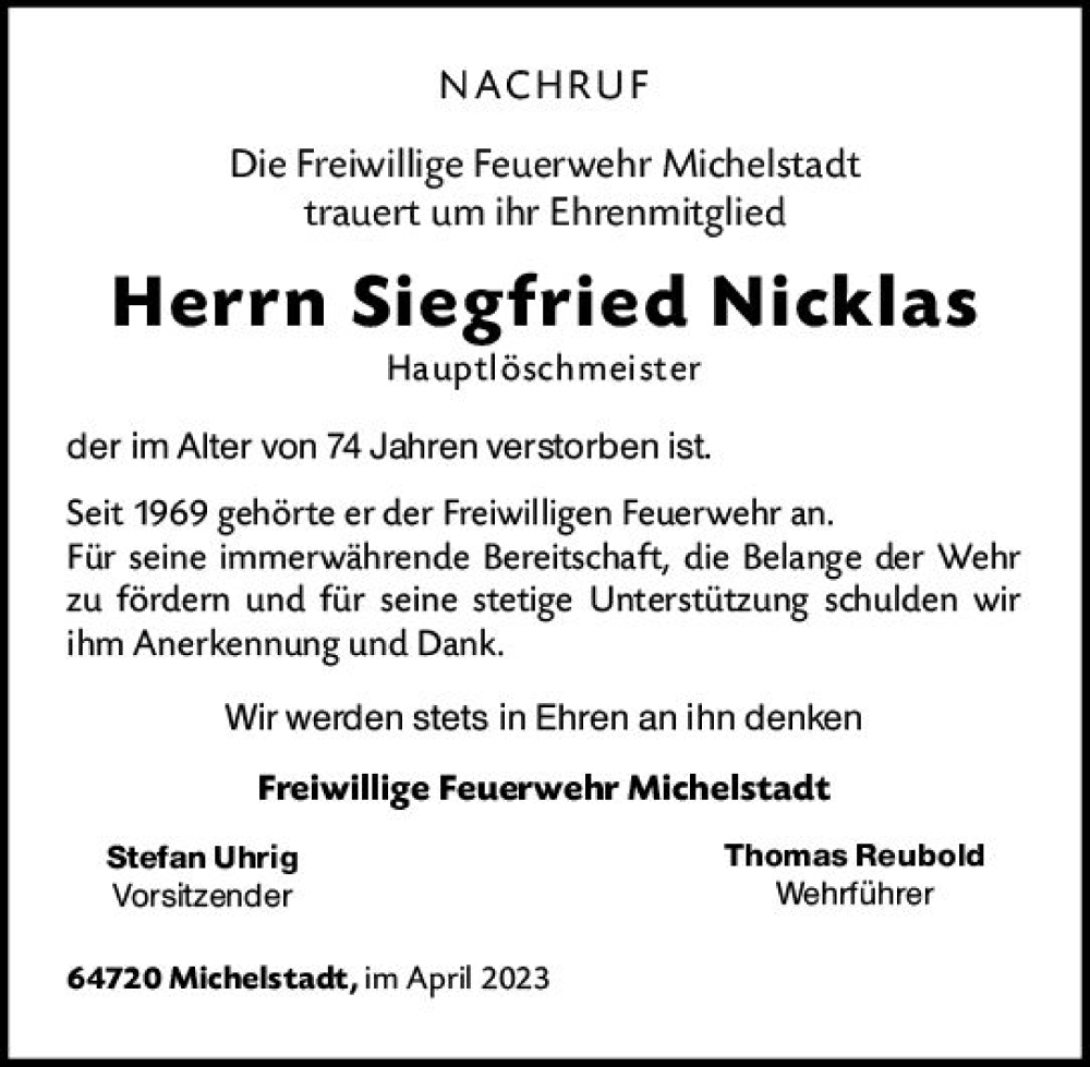  Traueranzeige für Siegfried Nicklas vom 29.04.2023 aus Odenwälder Echo