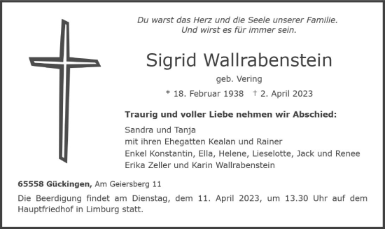 Traueranzeige von Sigrid Wallrabenstein von Nassauische Neue Presse