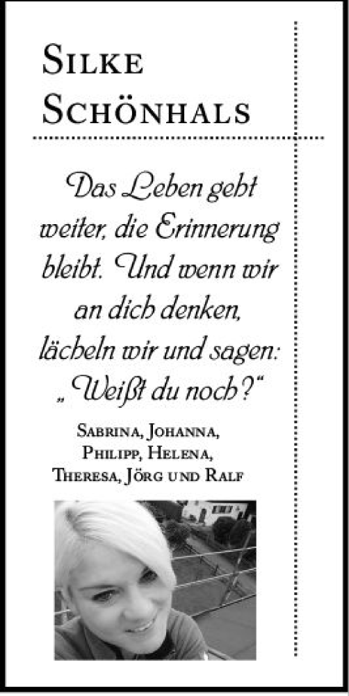 Traueranzeige von Silke Schönhals von VRM Trauer