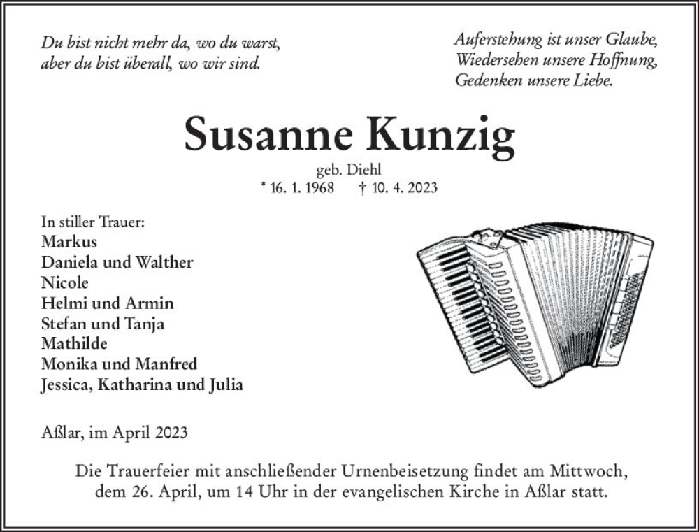  Traueranzeige für Susanne Kunzig vom 21.04.2023 aus Wetzlarer Neue Zeitung