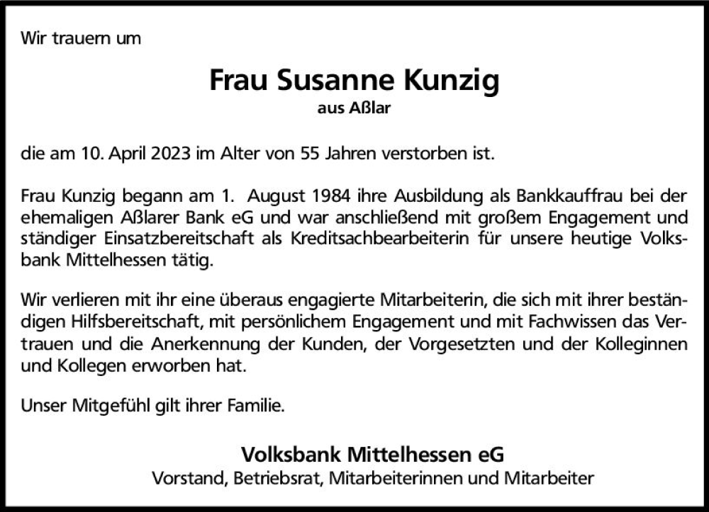  Traueranzeige für Susanne Kunzig vom 21.04.2023 aus Wetzlarer Neue Zeitung