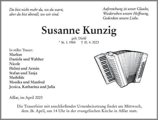 Traueranzeige von Susanne Kunzig von Wetzlarer Neue Zeitung