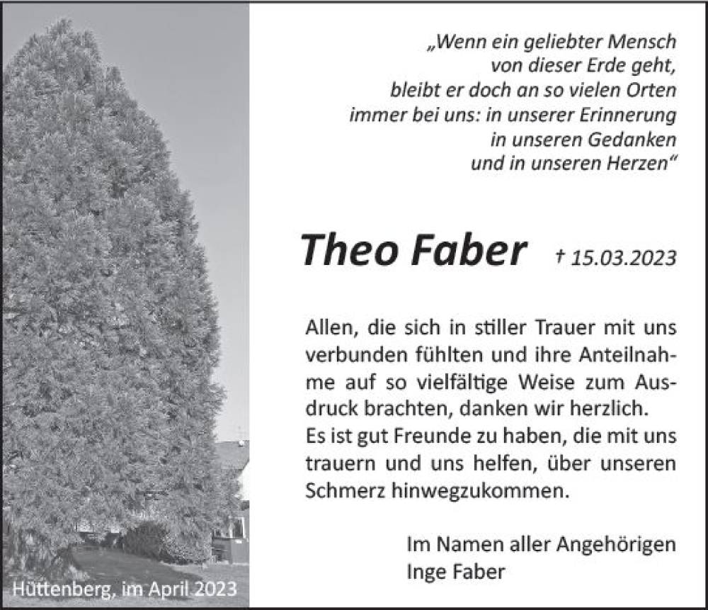  Traueranzeige für Theo Faber vom 12.04.2023 aus Wetzlarer Neue Zeitung