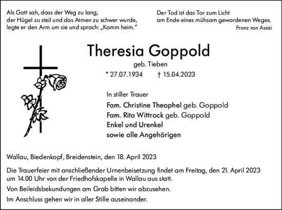 Traueranzeige von Theresia Goppold von Hinterländer Anzeiger