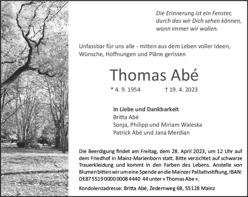  Traueranzeige für Thomas Abe vom 26.04.2023 aus Allgemeine Zeitung Mainz