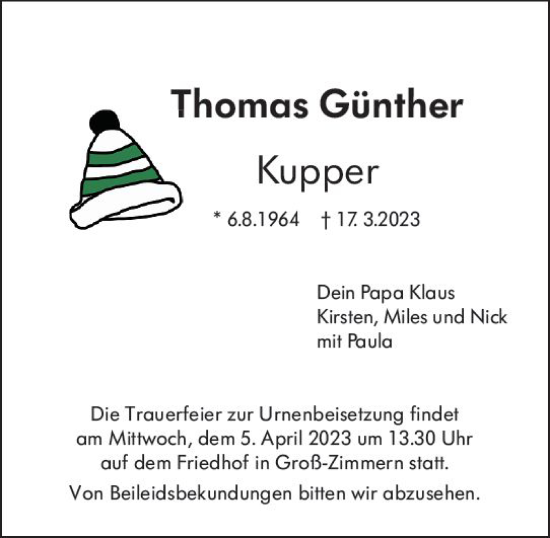Traueranzeige von Thomas Günther von Dieburger Anzeiger/Groß-Zimmerner Lokal-Anzeiger