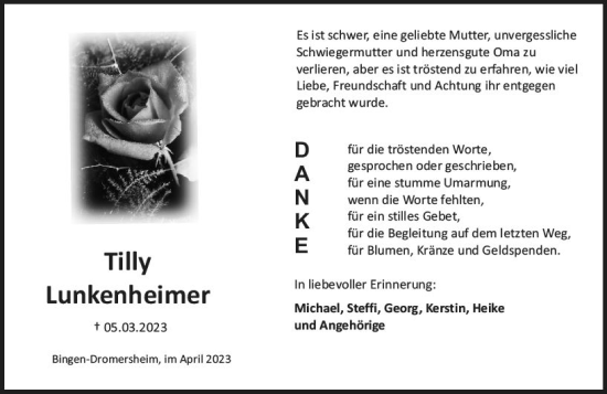 Traueranzeige von Tilly Lunkenheimer von Allgemeine Zeitung Bingen/Ingelheim
