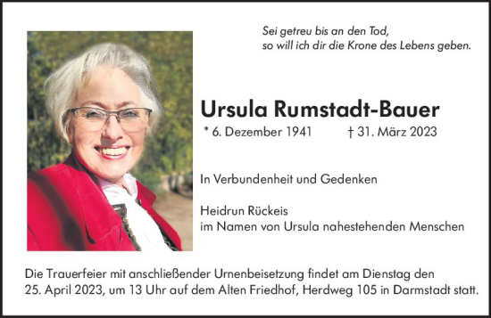 Traueranzeige von Ursula Runistadt-Bauer von Darmstädter Echo