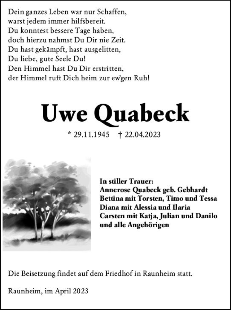  Traueranzeige für Uwe Quabeck vom 29.04.2023 aus Rüsselsheimer Echo