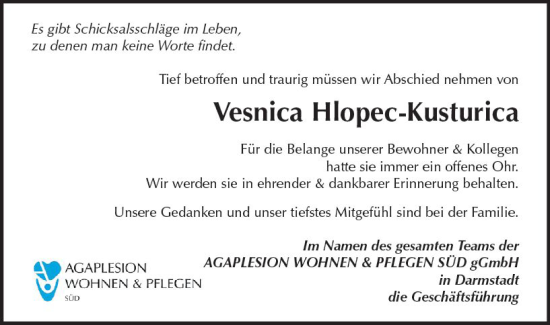 Traueranzeige von Vesnica Hlopec-Kusturica von Darmstädter Echo