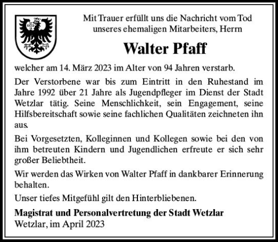 Traueranzeige von Walter Pfaff von Wetzlarer Neue Zeitung