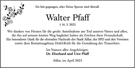 Traueranzeige von Walter Pfaff von Wetzlarer Neue Zeitung