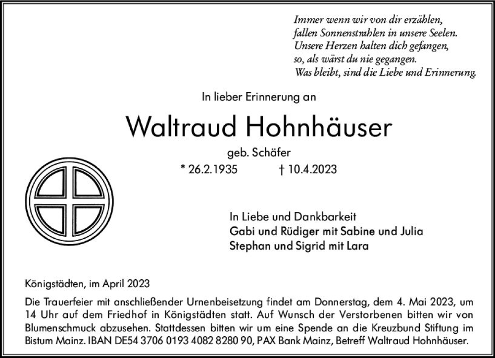  Traueranzeige für Waltraud Hohnhäuser vom 29.04.2023 aus Rüsselsheimer Echo