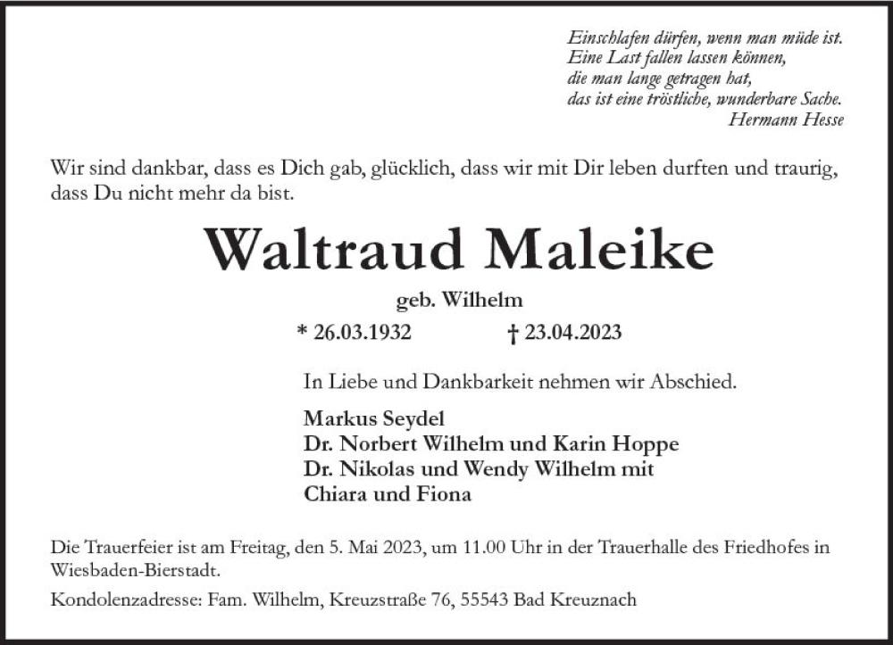  Traueranzeige für Waltraud Maleike vom 29.04.2023 aus Wiesbadener Kurier
