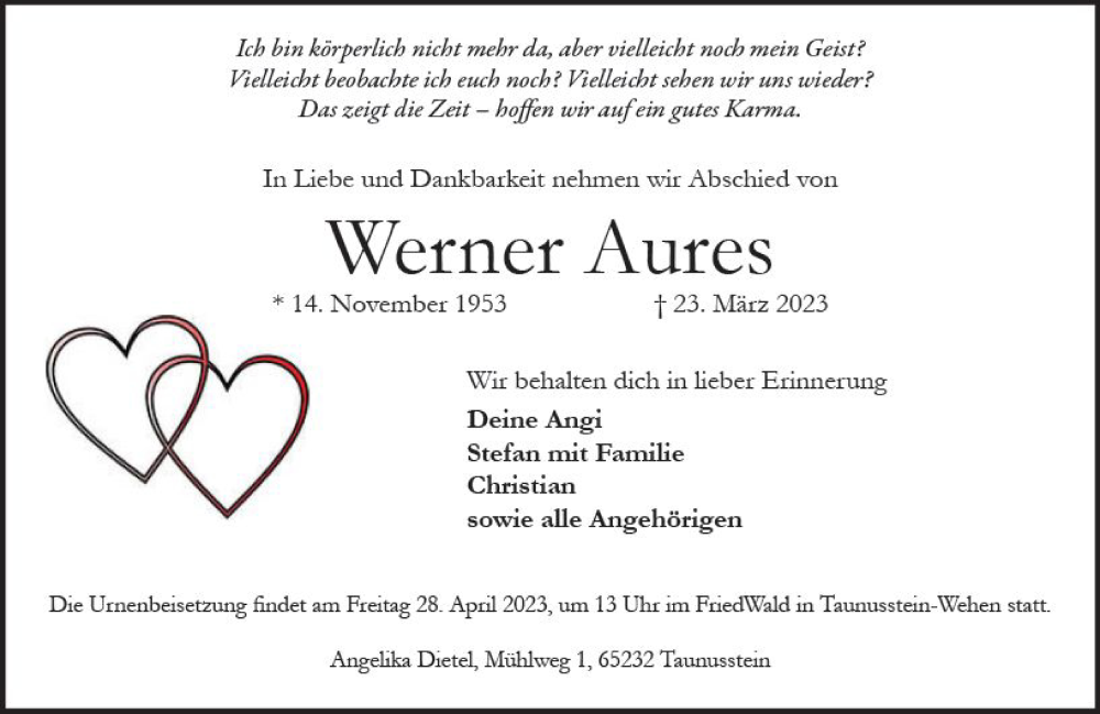  Traueranzeige für Werner Aures vom 15.04.2023 aus Wiesbadener Kurier