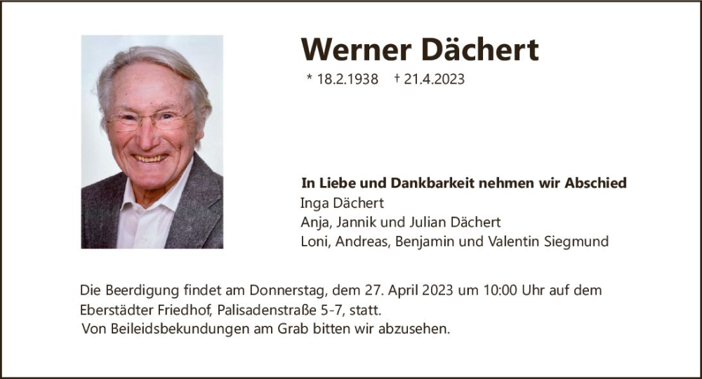  Traueranzeige für Werner Dächert vom 26.04.2023 aus Darmstädter Echo
