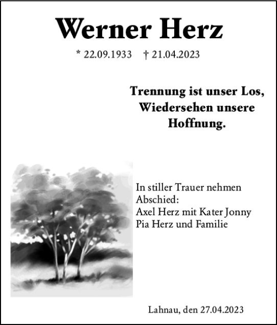 Traueranzeige von Werner Herz von Wetzlarer Neue Zeitung