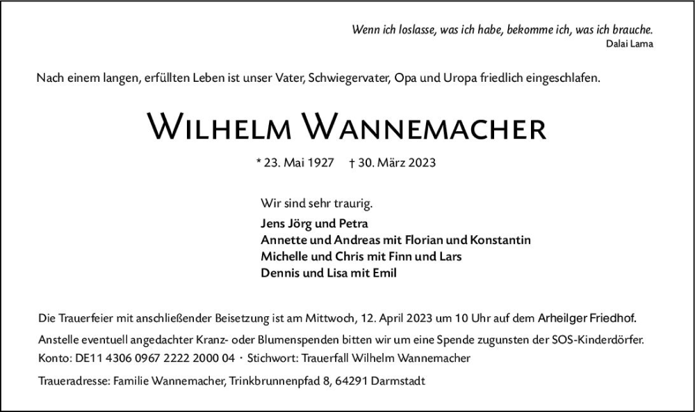  Traueranzeige für Wilhelm Wannemacher vom 08.04.2023 aus Darmstädter Echo