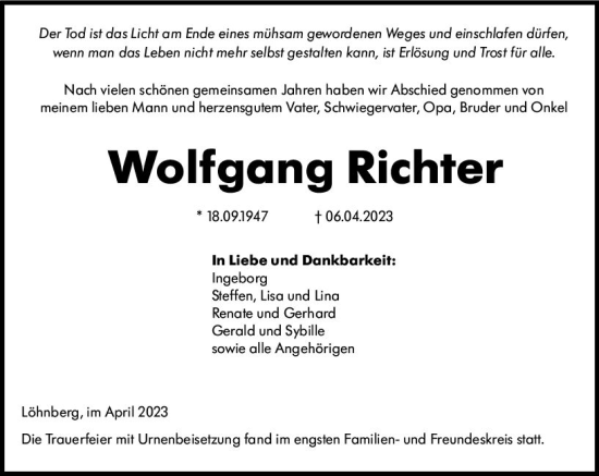 Traueranzeige von Wolfgang Richter von Weilburger Tageblatt
