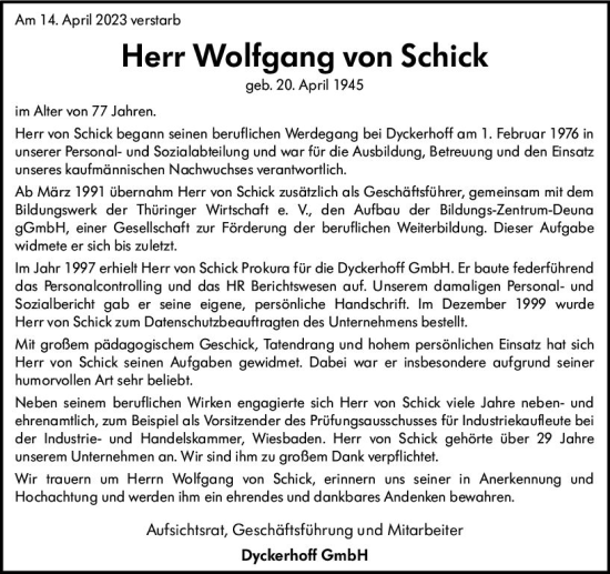 Traueranzeige von Wolfgang von Schick von Wiesbadener Kurier