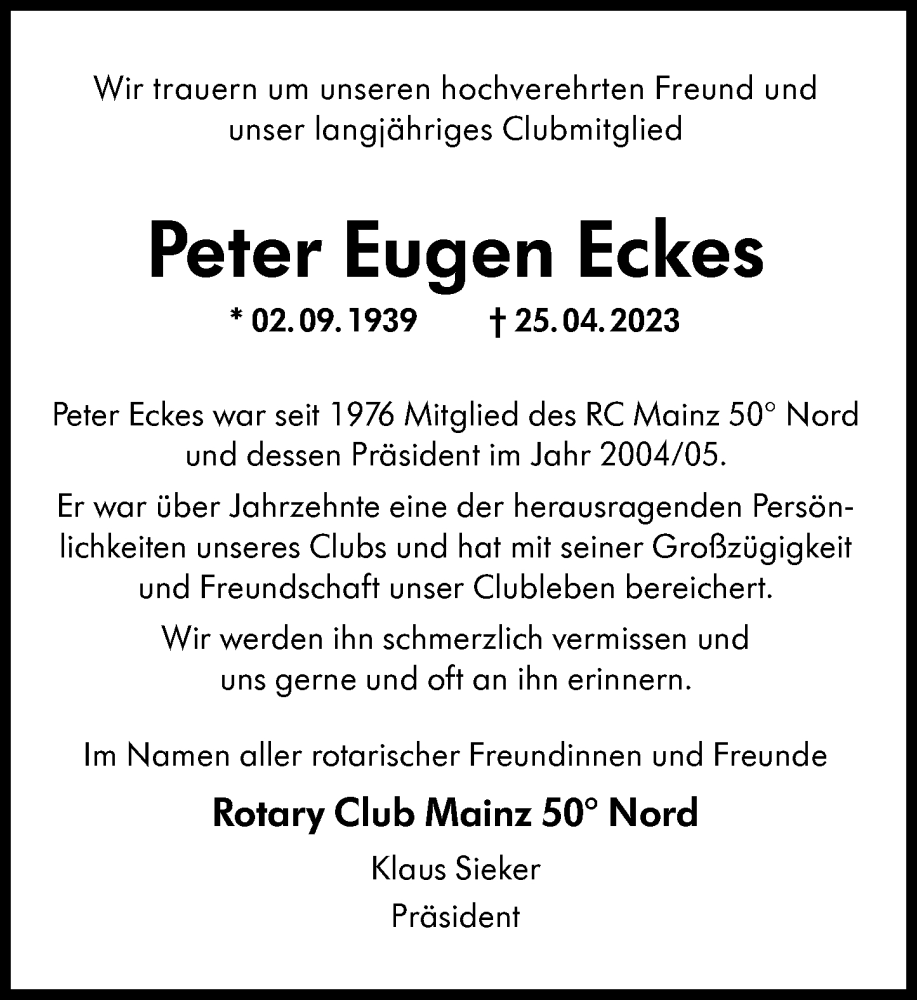  Traueranzeige für Peter Eugen Eckes vom 29.04.2023 aus Allgemeine Zeitung Mainz