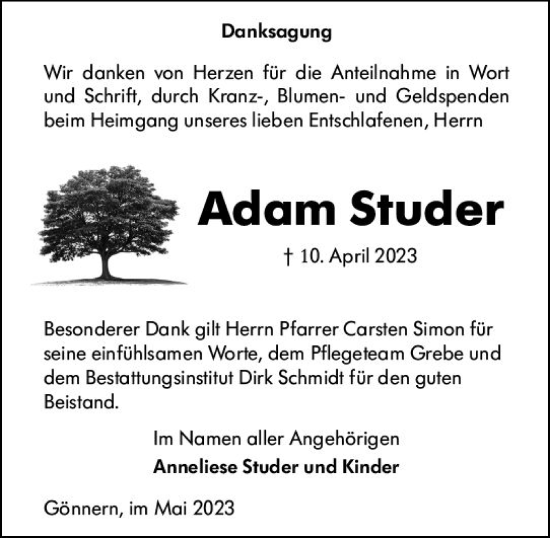Traueranzeige von Adam Studer von Hinterländer Anzeiger